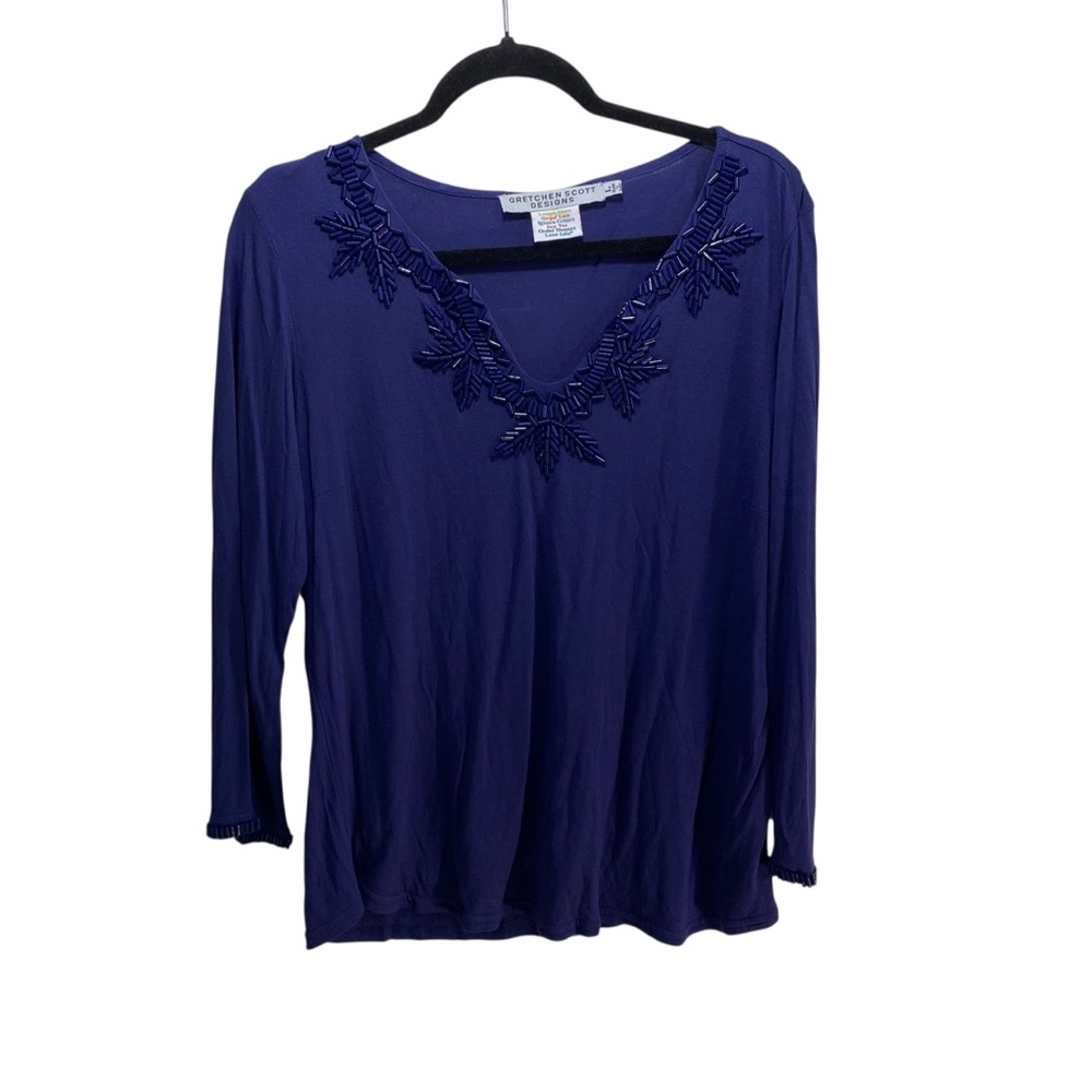 Gretchen Scott Designs Top Stretchy Womens L Navy 3/4 Sleeve Beaded Embellished